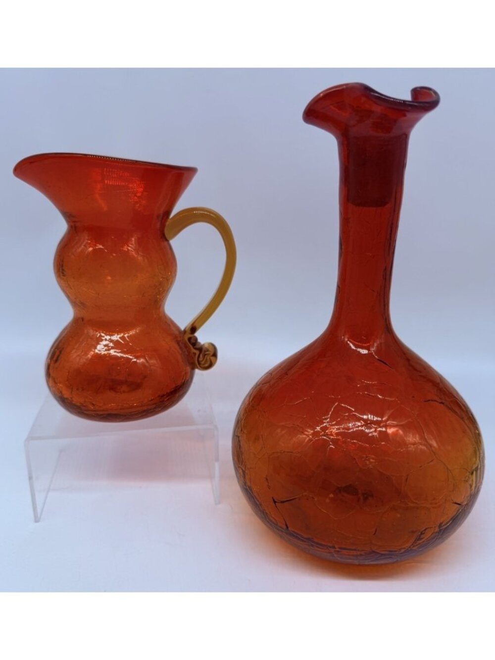 Amberina Blenko Kanawah Crackle Glass Set Glows Small Pitcher And Decanter SEE